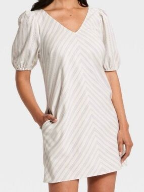 A New Day Cream and Light Blue Striped V-Neck Puff Sleeve Mini Dress
